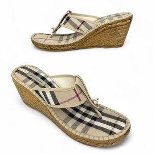 Burberry Beige Plaid Espadrille Wedge Sandals